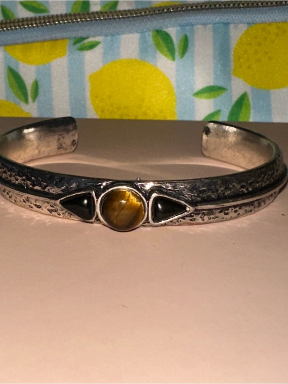 Shyanne Silver-Tone Cuff Bracelet with Tiger Eye and Black Accents